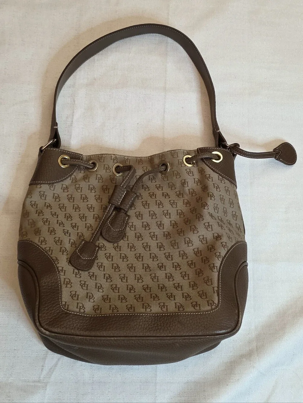 Vintage Dooney & Bourke Signature Monogram Drawstring Bucket Bag Brown Hobo